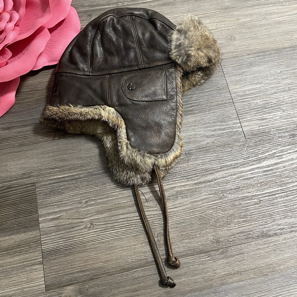 NWT $175 NATHANIEL COLE 1934 Crown Cap Leather Rabbit Fur Trappers Aviator Hat